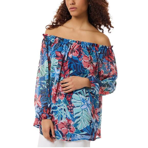 Jones New York Floral Smocked Neck Blouse PXS NWT Off-Shoulder. Boho Resort Top - Picture 3 of 8